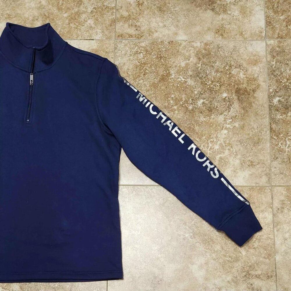 Michael Kors Quarter Zip Sweatshirt Pullover Blue Spell Out Down Arm Mens